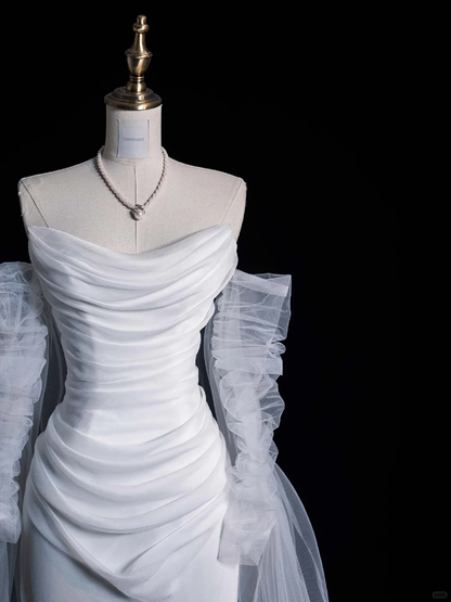 Simple A Line Long Sleeve Pleated Tulle Satin Wedding Dress Prom Dress SH4111