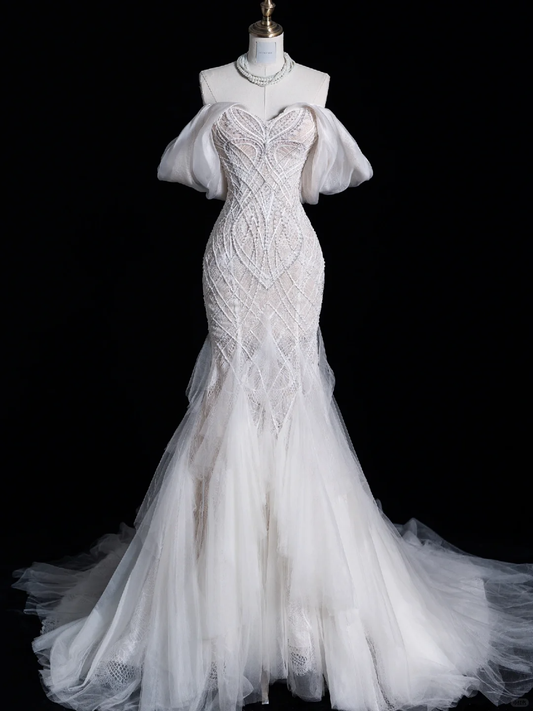 Exquisite Mermaid Off the Shoulder Beaded Lace Tulle Wedding Dress Prom Dress SH4114