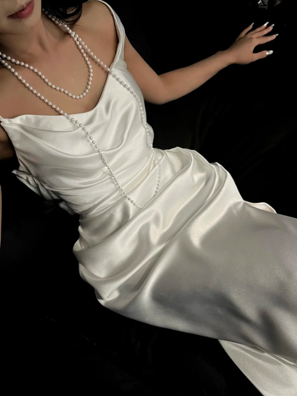 Elegant White Sheath Straps Satin Long Prom Dress Formal Gown Wedding Dress SH4187