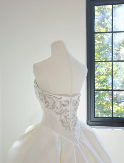 Elegant Strapless White Satin Beaded Ball Gown Long Wedding Dress D2157