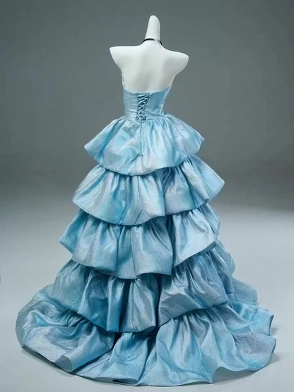 Dreamy Blue Ball Gown Sweetheart Neck Layered Sequin Prom Dress SH4571