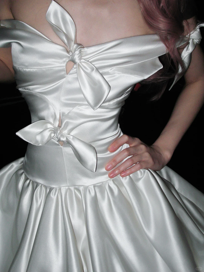 Cute Bow A Line Off the Shoulder Satin Long Prom Dress Party Dress SH4966