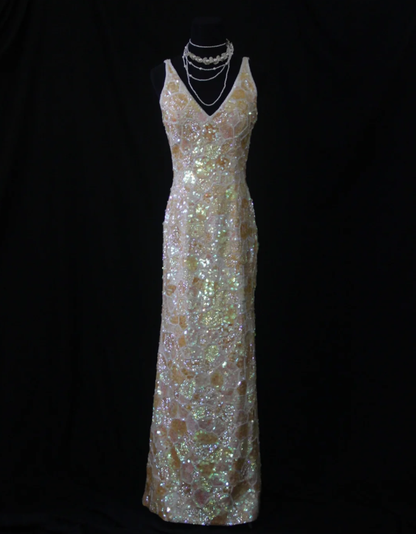 Glitter V Neck Sleeveless Sequin Beaded Sheath Long Evening Gown Formal Birthday Prom Dress D2282