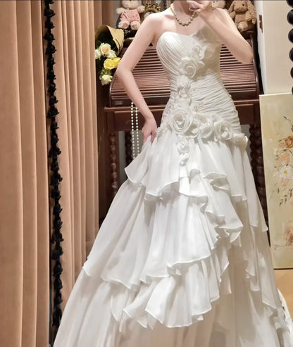 White A Line Sweetheart Neck Floral Pleated Chiffon Prom Dresses 18th Birthday Dresses SH4640