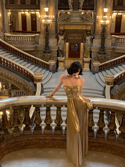 Shiny Golden A Line Sweetheart Neck Satin Long Prom Dress Evening Dress SH4333