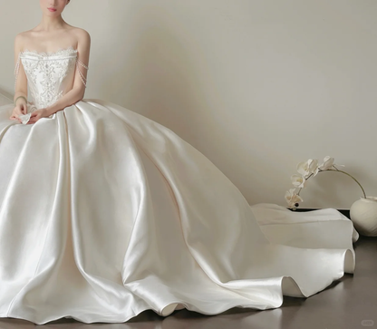 White Pearl Ball Gown Strapless Lace Satin Long 16th Birthday Dress Wedding Dress SH3962