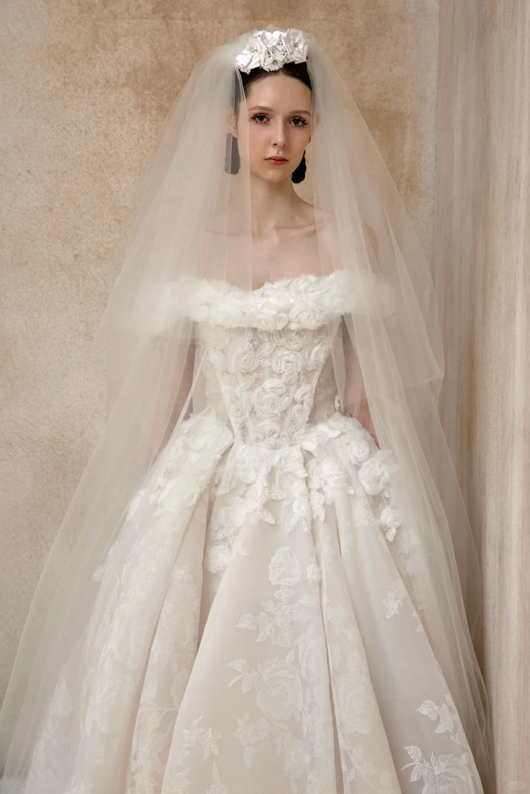 Sweety Ball Gown Off the Shoulder White 3D Floral Tulle Wedding Dress SH5076