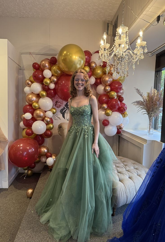 Pretty Spaghetti Straps Green Tulle Appliques Long Prom Dress Evening Gown D1189