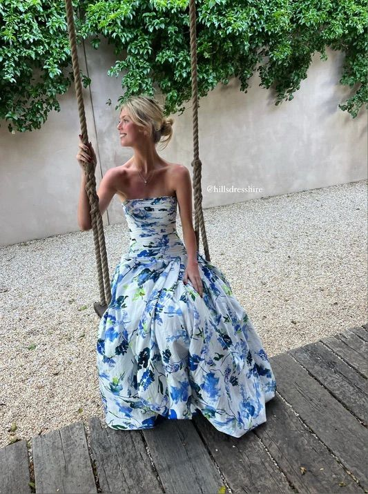 Strapless Print Floral Long Prom Dress Evening Gown  SH964