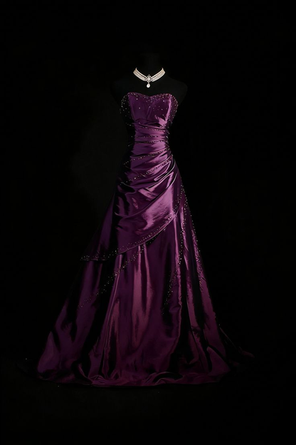 Retro Sweetheart Neck Fuchsia Satin Beaded Mermaid Long Birthday Dress Formal Evening Dress SP1728