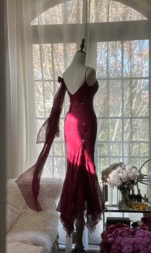 Charming Spaghetti Straps Burgundy Chiffon Beaded  Mermaid Long Party Dress Birthday Prom Gown D2092