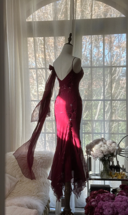Charming Spaghetti Straps Burgundy Chiffon Beaded  Mermaid Long Party Dress Birthday Prom Gown D2092