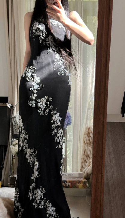 Classy One Shoulder Black Chiffon Beaded Mermaid Long Party Dress Evening Gown D2304
