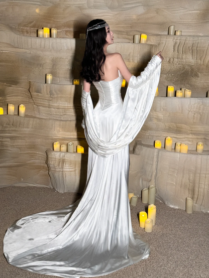 Charming A Line Sweetheart Neck Pleated White Satin Long Prom Dress Evening Dress with Slit SH2997