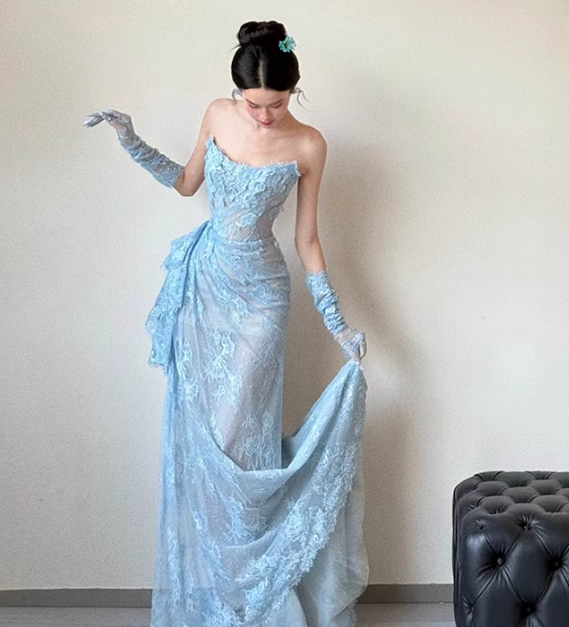 Blue Mermaid Strapless Pleated Blue Lace Long Party Dress Evening Dress SH3380