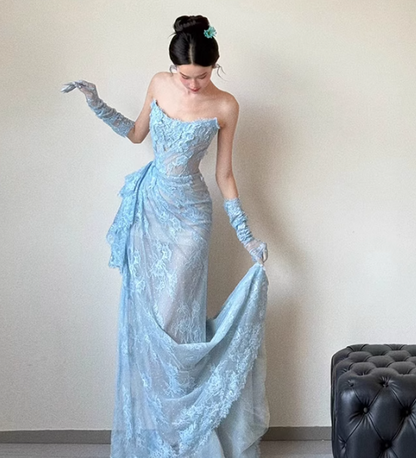 Blue Mermaid Strapless Pleated Blue Lace Long Party Dress Evening Dress SH3380