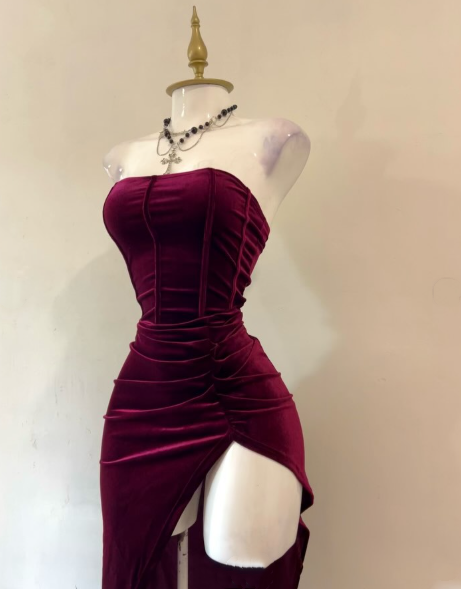 Sexy Strapless Slit Party Dress Burgundy Birthday Dress  S268