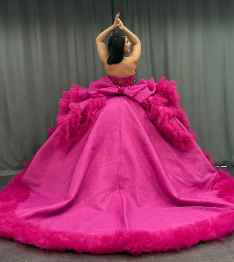 Princess Hot Pink Quinceanera Dresses Beaded Appliques Tulle Sweet 16 Party Prom Ball Gown SH3271