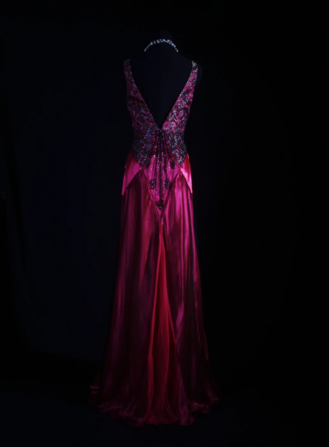 Charming V Neck Hot Pink Satin Beaded Mermaid Long Party Dress Birthday Evening Gown D2221