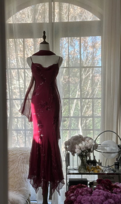 Charming Spaghetti Straps Burgundy Chiffon Beaded  Mermaid Long Party Dress Birthday Prom Gown D2092