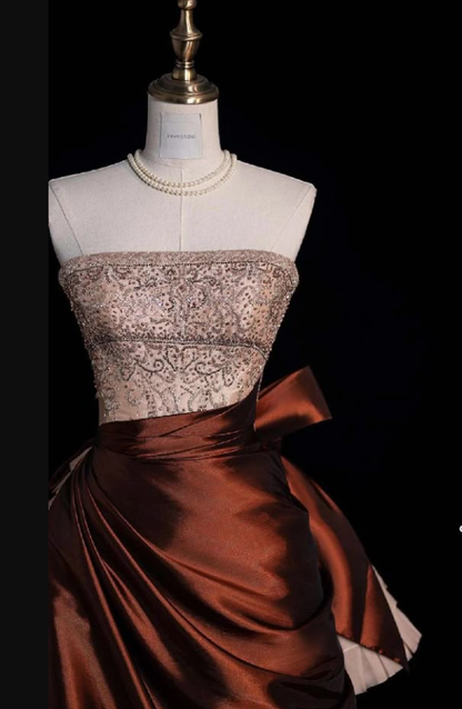 Vintage Strapless Satin Beaded  A Line Evening Dress Prom Gown S194