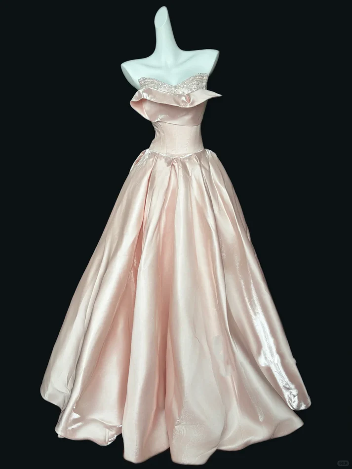 Classy Strapless Pink Satin Pleated Ball Gown Long Prom Dress D1071