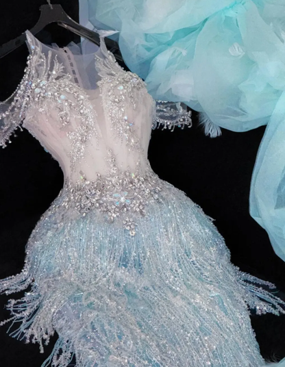 Gorgeous Exquisite Mermaid Beaded Blue Tulle Prom Dress Evening Dress Party Dress SH3618