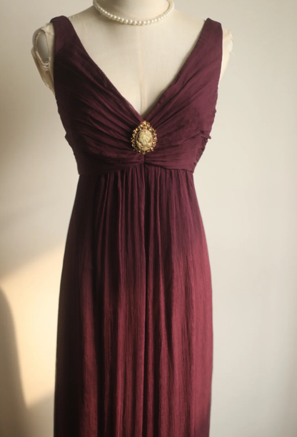 Retro Dark Purple V Neck Chiffon Long Prom Dress Evening Gown D2315