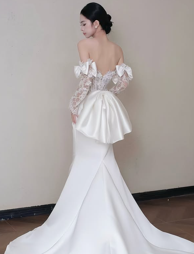 Pretty Mermaid Strapless Bow White Lace Satin Long Sweep Prom Dress Wedding Dress SH4646