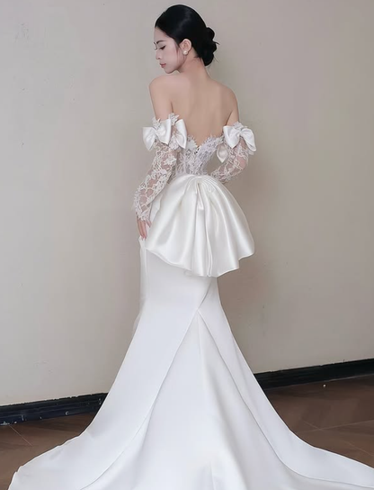 Pretty Mermaid Strapless Bow White Lace Satin Long Sweep Prom Dress Wedding Dress SH4646