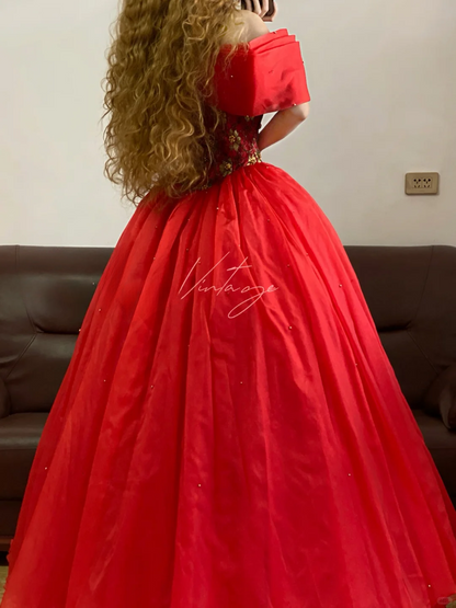 Vintage Red Ball Gown Off the Shoulder Beaded Tulle Prom Dress 16th Birthday Dress SH4958