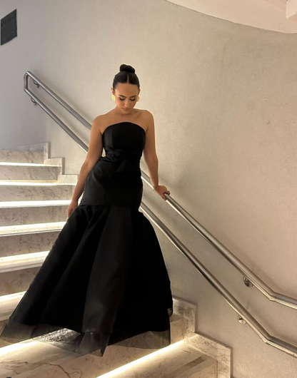 Unique Mermaid Strapless Black Tulle Satin Long Prom Dress Evening Dress with Bow SH2266