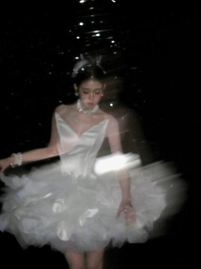Cute A Line Strapless White Satin Tulle Short Party Dress Birthday Dress SH2926