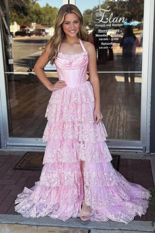 Lace A-Line Empire Bateau Tiered Prom Party Dress With Slit