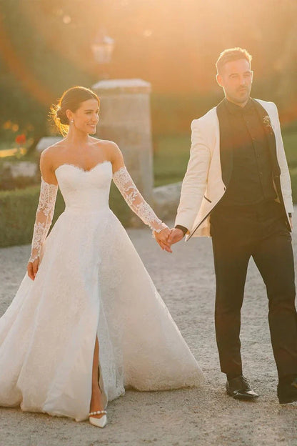 Lace A-Line Sweetheart Strapless Long Wedding Dress