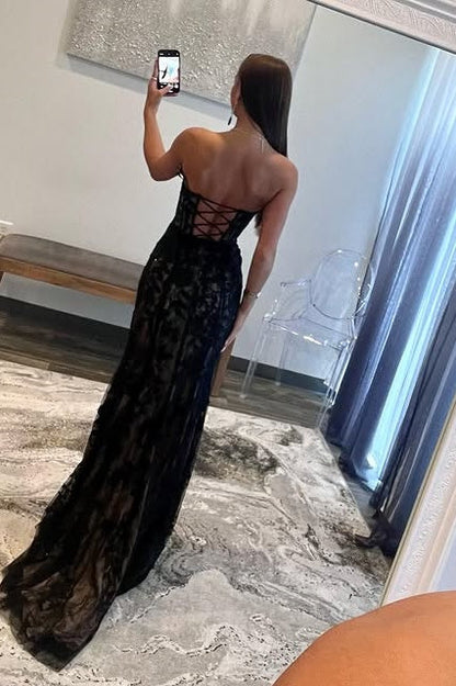 Lace Mermaid Strapless Lace Up Prom Dress With Slit