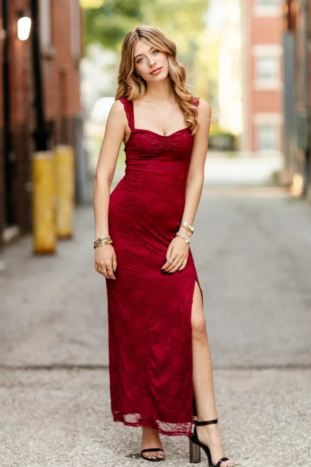 Lace Sweetheart Ruffle Straps Party Prom Dress With Leg Slit