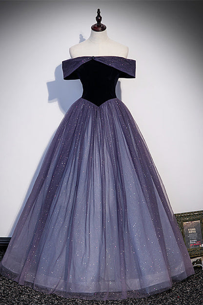 Sparkly A-Line Off-Shoulder Velvet And Tulle Prom Dress