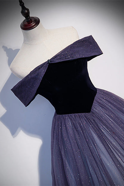 Sparkly A-Line Off-Shoulder Velvet And Tulle Prom Dress
