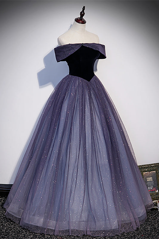 Sparkly A-Line Off-Shoulder Velvet And Tulle Prom Dress