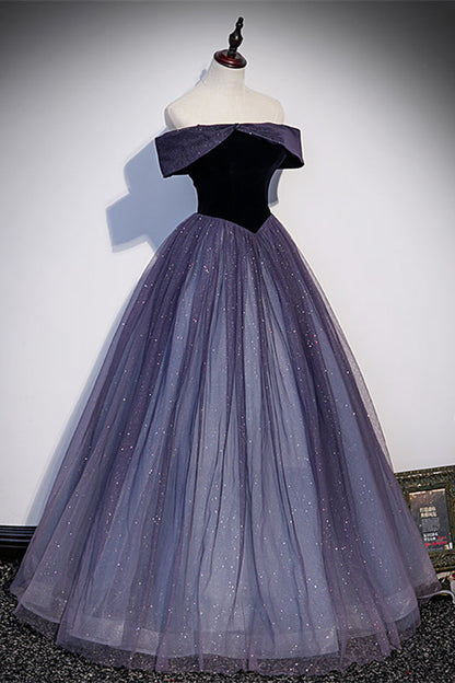 Sparkly A-Line Off-Shoulder Velvet And Tulle Prom Dress