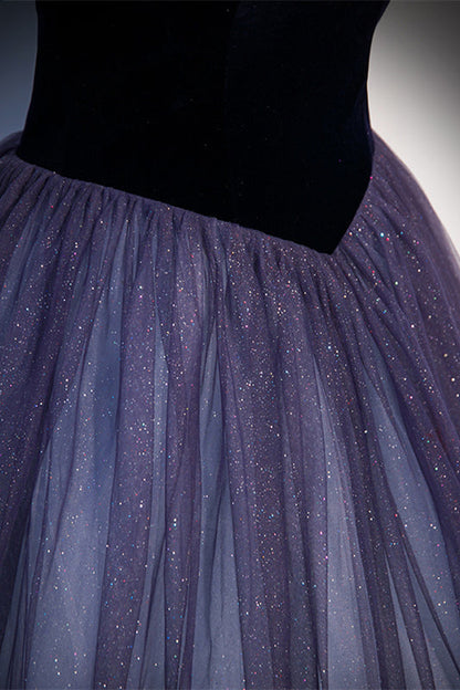 Sparkly A-Line Off-Shoulder Velvet And Tulle Prom Dress