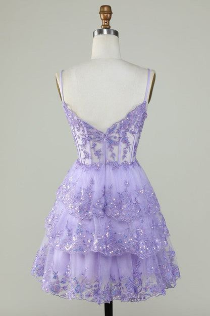 Lavender Straps A-Line Applique Tulle Homecoming Dress