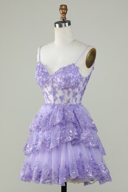 Lavender Straps A-Line Applique Tulle Homecoming Dress