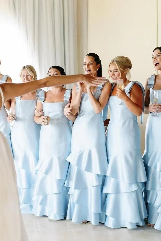 Light Blue Square Straps A-Line Tiered Bridesmaid Dress