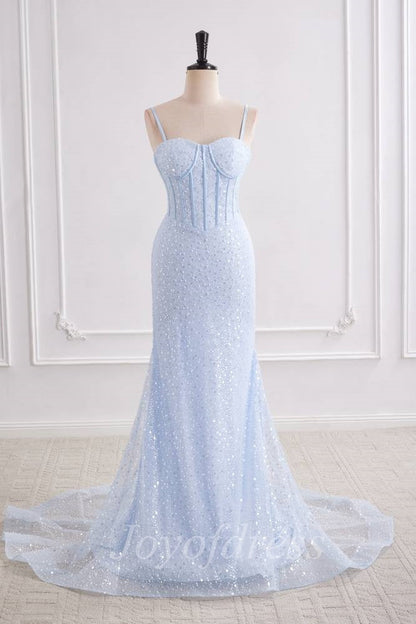 Light Blue Sweetheart Sleeveless Mermaid Prom Party Dress With Train