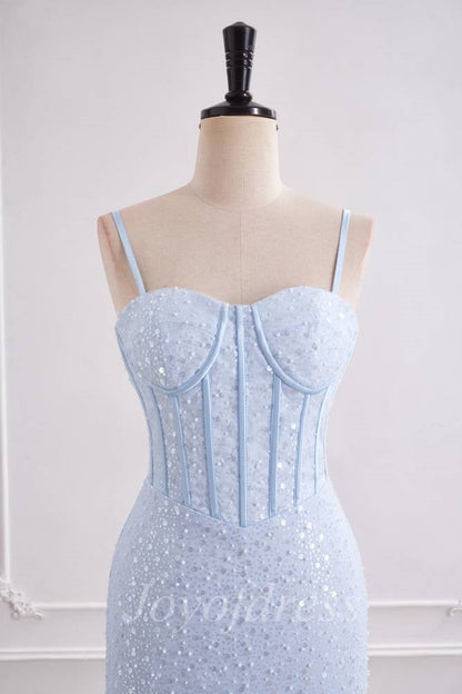 Light Blue Sweetheart Sleeveless Mermaid Prom Party Dress With Train