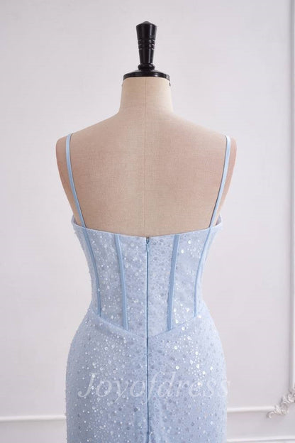 Light Blue Sweetheart Sleeveless Mermaid Prom Party Dress With Train
