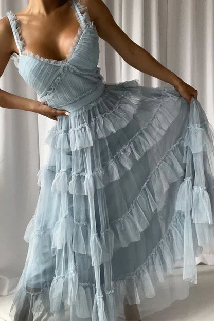 Light Blue Tulle A-Line V-Neck Sleeveless Tiered Party Prom Dress