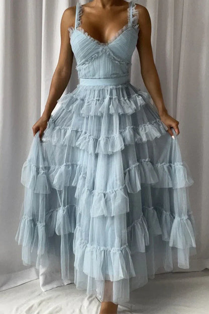 Light Blue Tulle A-Line V-Neck Sleeveless Tiered Party Prom Dress